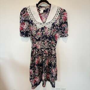 Vtg 80s Especially Yours Floral Midi Dress Lace Collar Cottagecore Prairie 15/16